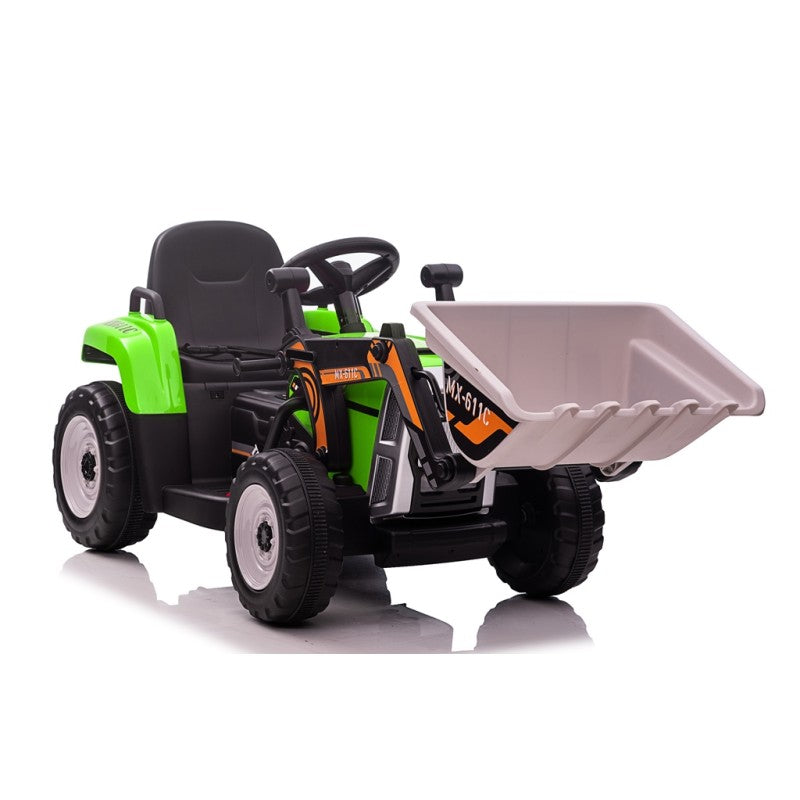 Trattore Elettrico 12V per Bambini Cavalcabile con Pala Meccanica Ruspa Scavatrice e Rimorchio – Variante Verde