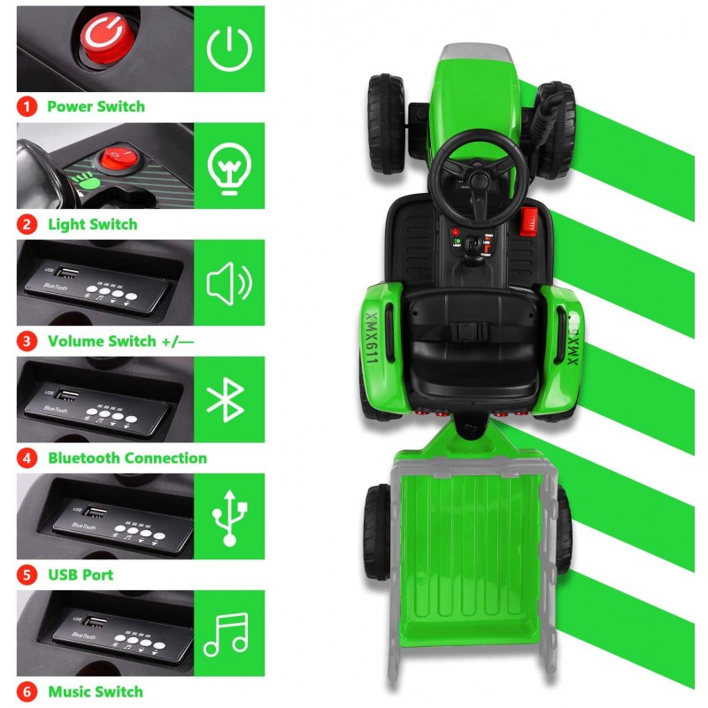 Trattore Elettrico 12V per Bambini Cavalcabile con Rimorchio Telecomando – Variante Verde