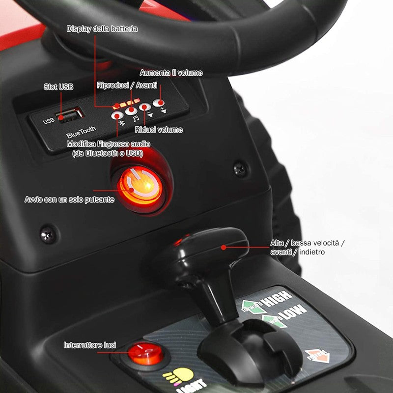Trattore Elettrico 12V per Bambini Cavalcabile con Rimorchio Telecomando – Variante Rosso