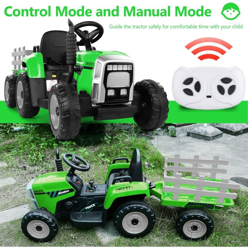 Trattore Elettrico 12V per Bambini Cavalcabile con Rimorchio Telecomando – Variante Verde