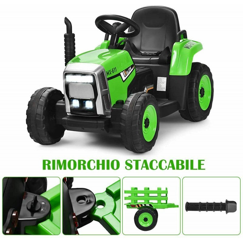 Trattore Elettrico 12V per Bambini Cavalcabile con Rimorchio Telecomando – Variante Verde