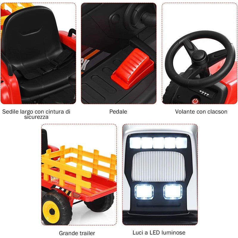 Trattore Elettrico 12V per Bambini Cavalcabile con Rimorchio Telecomando – Variante Rosso