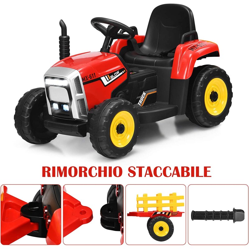 Trattore Elettrico 12V per Bambini Cavalcabile con Rimorchio Telecomando – Variante Rosso