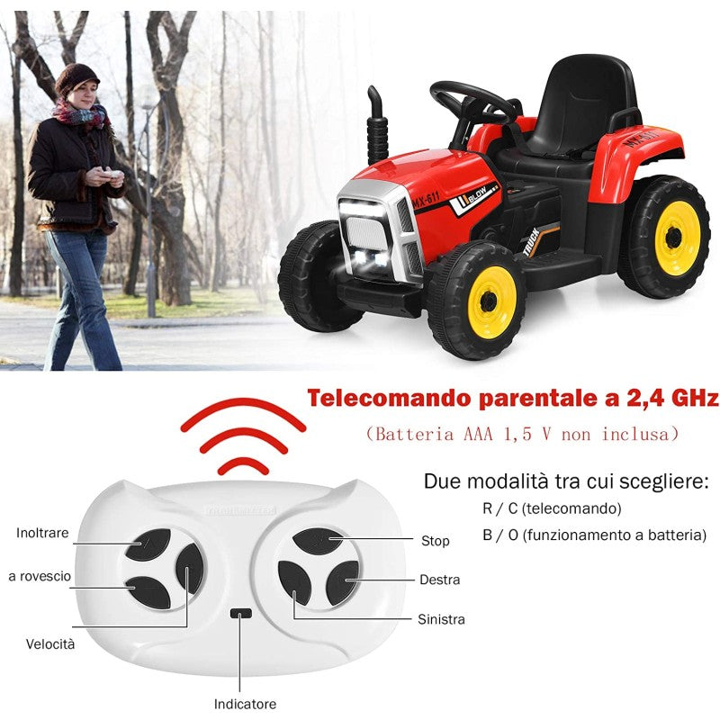 Trattore Elettrico 12V per Bambini Cavalcabile con Rimorchio Telecomando – Variante Rosso