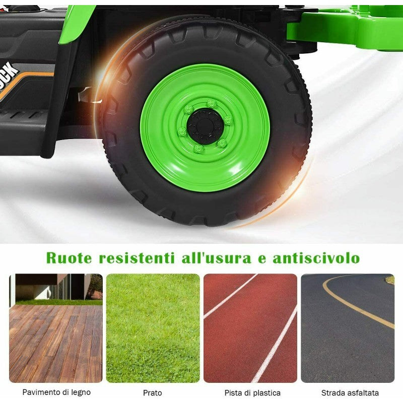 Trattore Elettrico 12V per Bambini Cavalcabile con Rimorchio Telecomando – Variante Verde