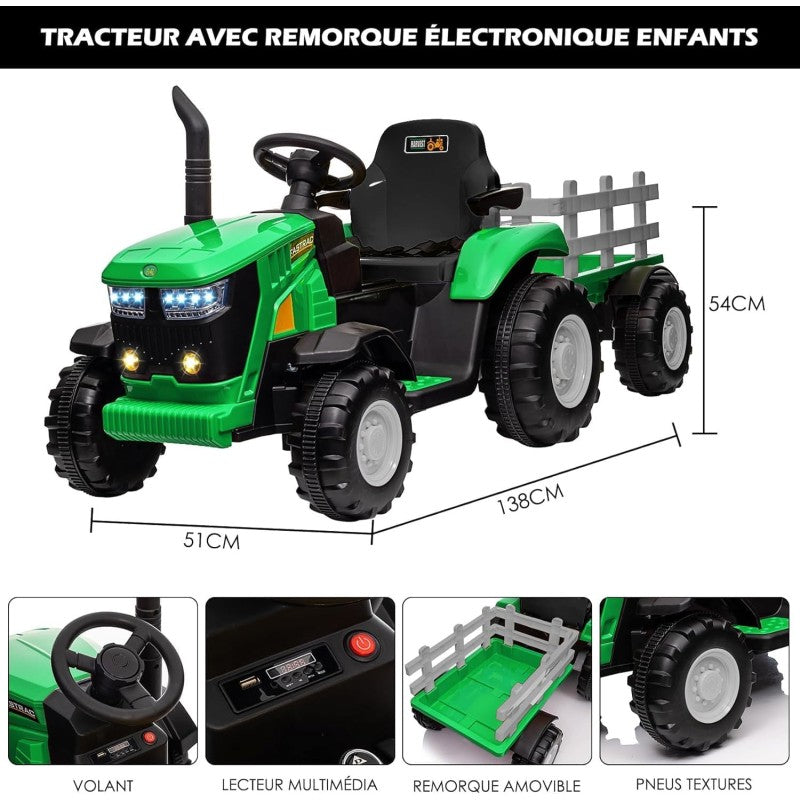 Trattore Elettrico per Bambini 12V con Rimorchio - Maxi Trattore Cavalcabile con ruote in gomma – Variante Verde