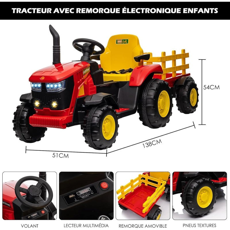 Trattore Elettrico per Bambini 12V con Rimorchio - Maxi Trattore Cavalcabile con ruote in gomma – Variante Rosso