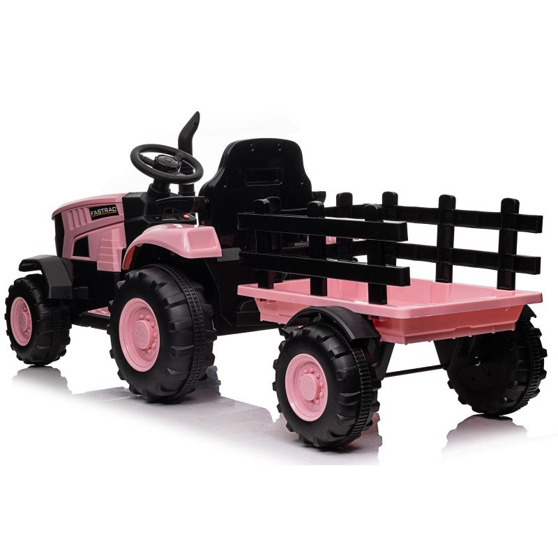 Trattore Elettrico per Bambini 12V con Rimorchio - Maxi Trattore Cavalcabile con ruote in gomma – Variante Rosa