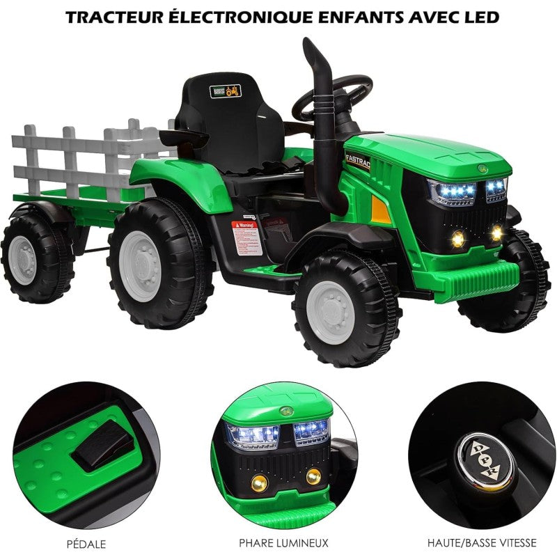 Trattore Elettrico per Bambini 12V con Rimorchio - Maxi Trattore Cavalcabile con ruote in gomma – Variante Verde