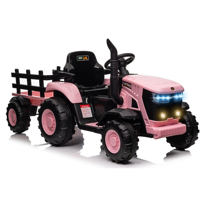 Trattore Elettrico per Bambini 12V con Rimorchio - Maxi Trattore Cavalcabile con ruote in gomma – Variante Rosa