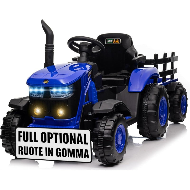 Trattore Elettrico per Bambini 12V con Rimorchio - Maxi Trattore Cavalcabile con ruote in gomma – Variante Blu