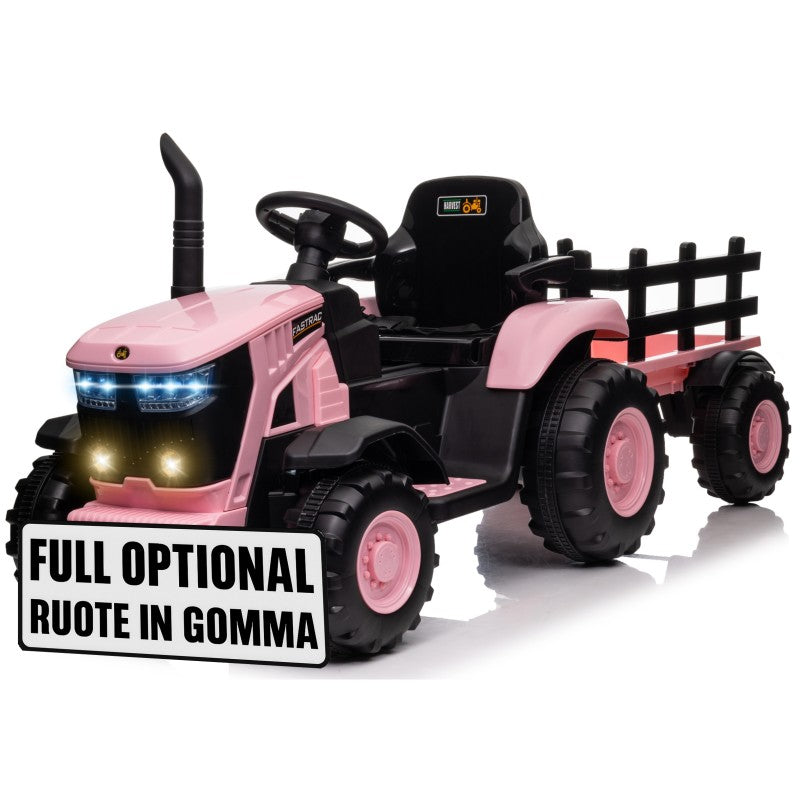 Trattore Elettrico per Bambini 12V con Rimorchio - Maxi Trattore Cavalcabile con ruote in gomma – Variante Rosa