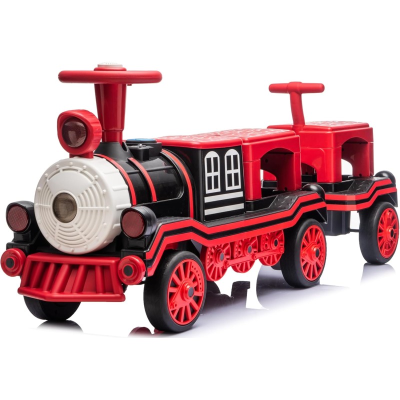 Trenino Elettrico 12V per Bambini 2 Posti Treno con Vagone Posteriore Extra USB Luci LED 2 Velocità Sistema Antiribaltamento - Rosso