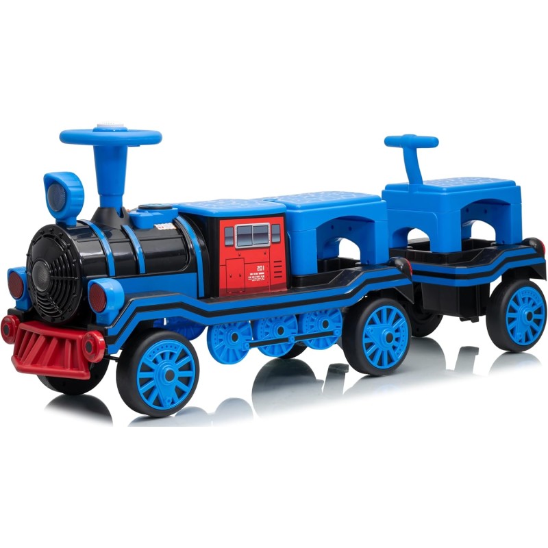 Trenino Elettrico 12V per Bambini 2 Posti Treno con Vagone Posteriore Extra USB Luci LED 2 Velocità Sistema Antiribaltamento – Variante Blu