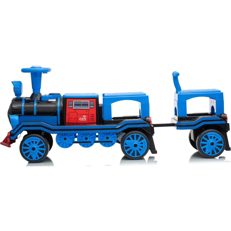 Trenino Elettrico 12V per Bambini 2 Posti Treno con Vagone Posteriore Extra USB Luci LED 2 Velocità Sistema Antiribaltamento – Variante Blu